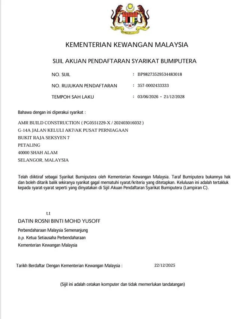 Kementerian Kewangan — Sijil Akuan Pendaftaran Bumiputera