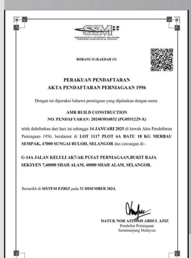 SSM — Perakuan Pendaftaran Perniagaan AMR Build Construction
